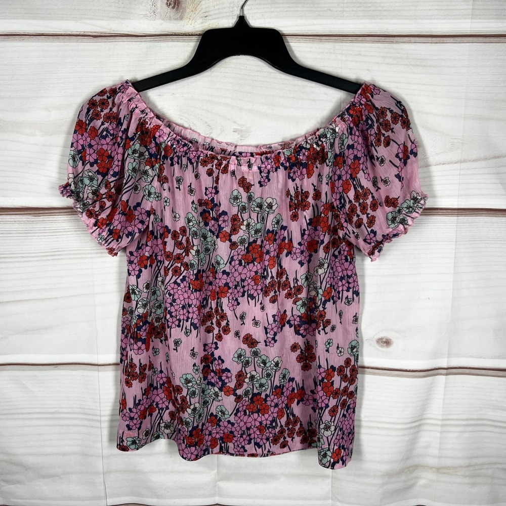 ModCloth Floral Blouse Womens Size M Pink Multi Off Shoulder Puff Sleeve Peasant